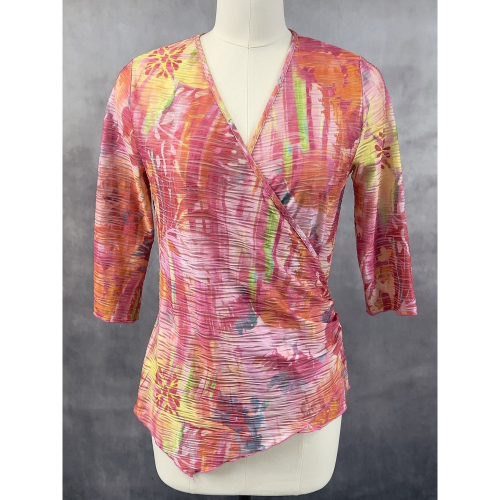 Sno Skins Faux Wrap Top Womens Medium Burnout Pink Abstract Stretch Indie Artsy